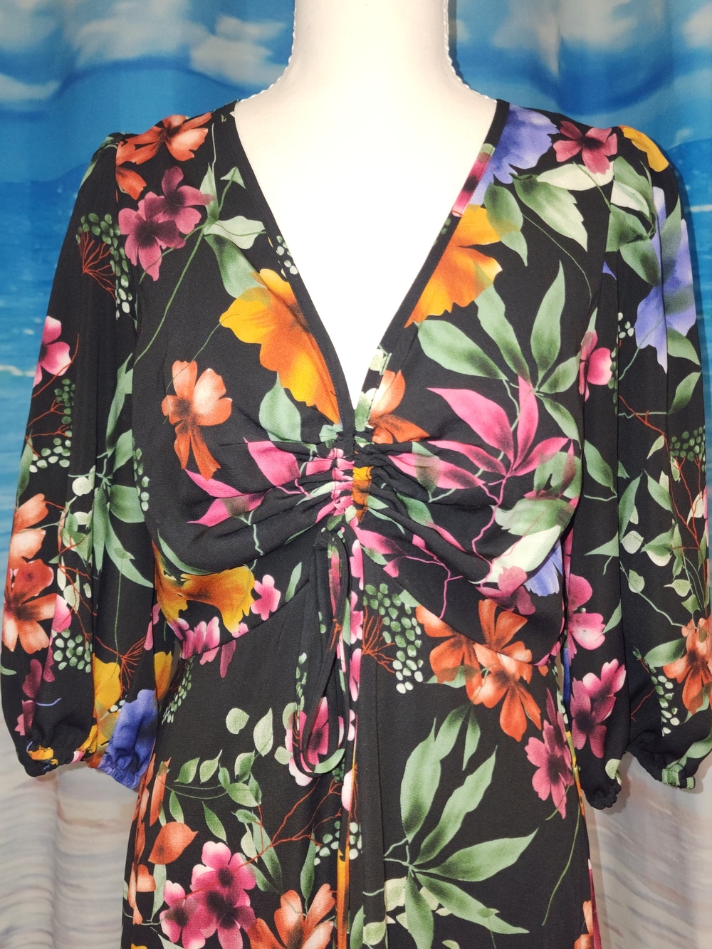 Maison Tara Black Floral Drawstring V-Neck Tunic